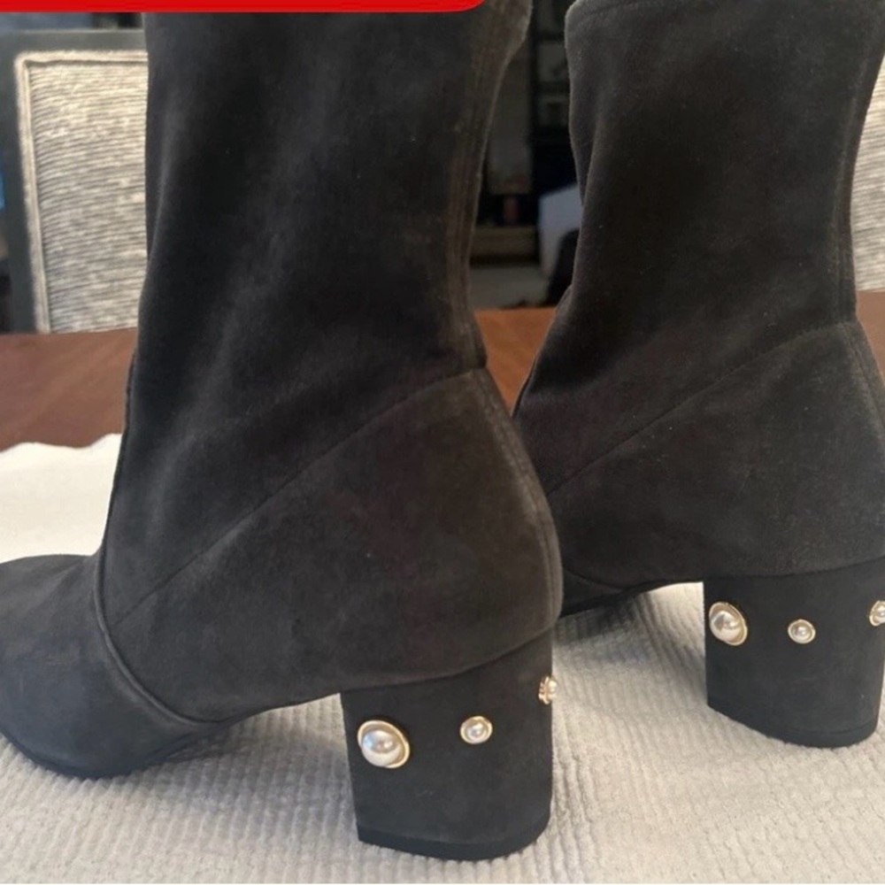 Gray Suede Mid-Heel Ankle sock Boots with Pearl Studs